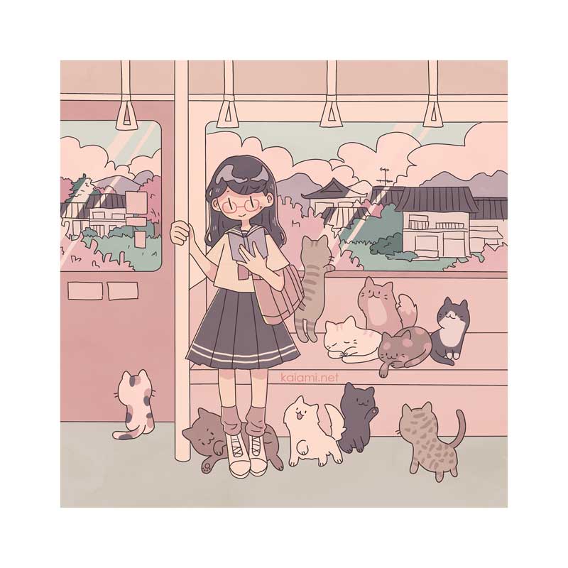 april kitty train square print