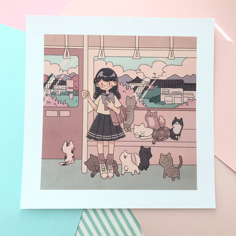 april kitty train square print
