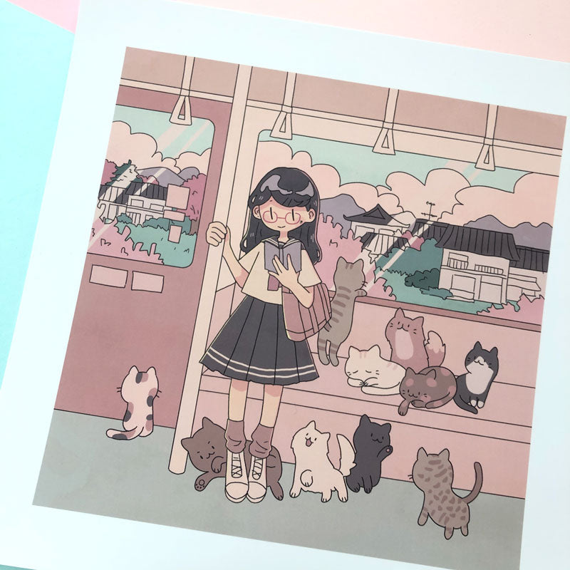 april kitty train square print