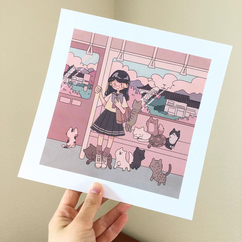 april kitty train square print